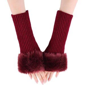 Women's Wine Knitted Fingerless Faux Fur Wrist Cuff Thumb Hole Warmers Gloves